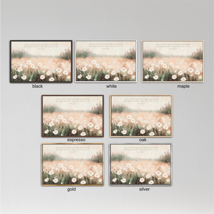 six framed pictures of a field of flowers, each with a different color and frame style.
