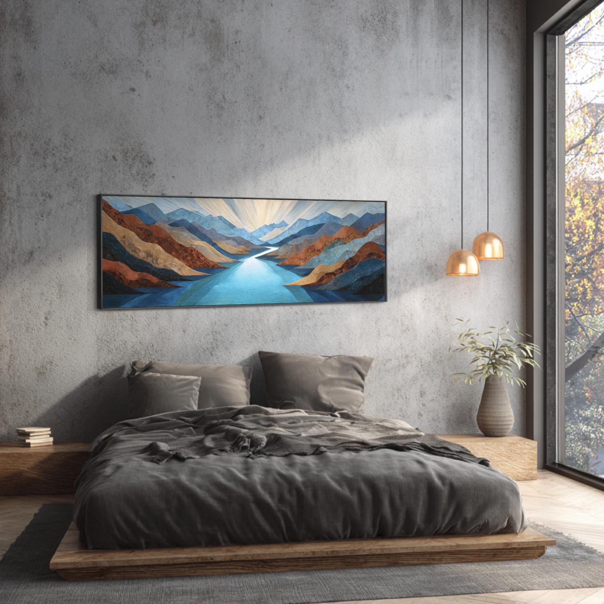 a serene bedroom with a large window overlooking a picturesque mountain landscape. The room features a wooden bed frame, a large painting of a mountain landscape above it, and a wooden nightstand with a vase of greenery. The overall color scheme is neutral, with shades of gray and brown creating a calming and tranquil atmosphere.