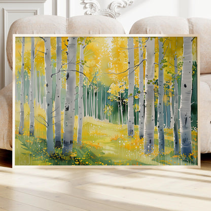 Birch Tree Forest Art, watercolor painting Landscape, Colorful Green Yellow Golden Watercolor, Canvas Wall Decor, Aspens Print, Nature Artwork