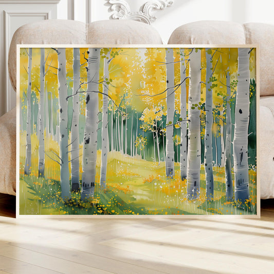 Birch Tree Forest Art, watercolor painting Landscape, Colorful Green Yellow Golden Watercolor, Canvas Wall Decor, Aspens Print, Nature Artwork