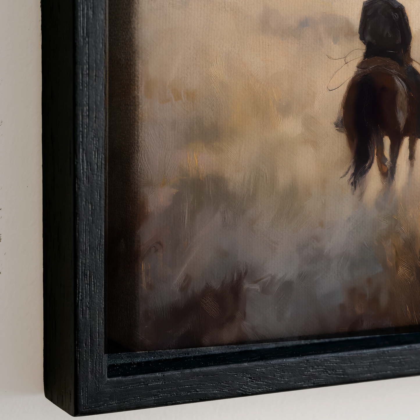 The image is a painting of a horse in motion, captured in a frame.