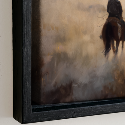 The image is a painting of a horse in motion, captured in a frame.