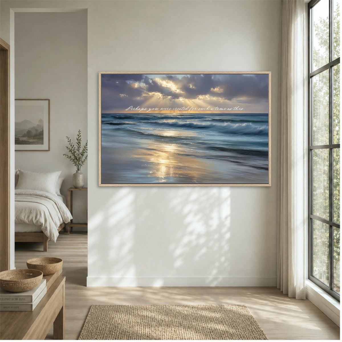 a serene bedroom scene with a large framed picture of a tranquil beach scene hanging on the wall, depicting a sunset over the ocean.