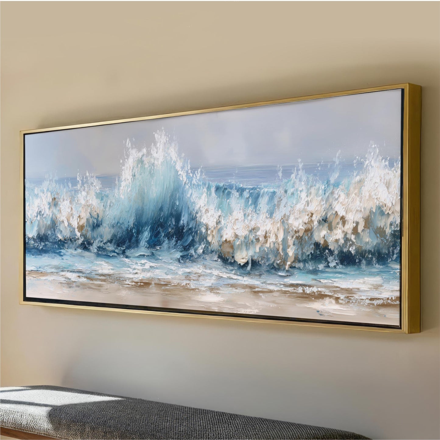 a large, framed painting of a crashing wave against a light blue sky.