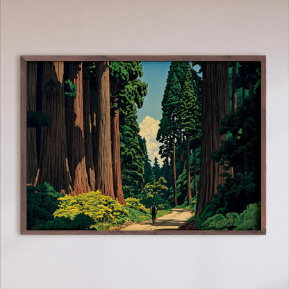 A person is walking along a path through a lush, green forest with towering trees on either side.