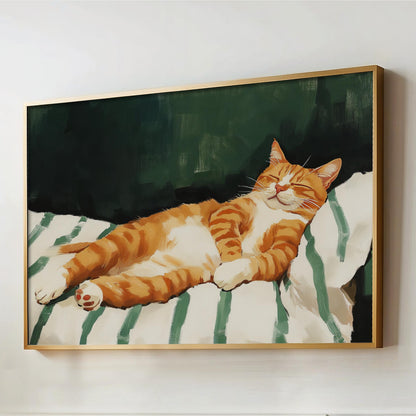 a painting of a cat laying on a bed