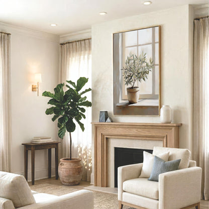 a cozy living room with a fireplace, a large potted plant, and a painting of a plant on the wall. The room is furnished with a sofa, a chair, and a coffee table, creating a comfortable and inviting atmosphere.