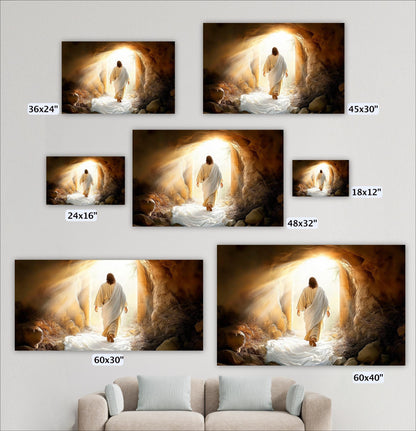 a series of five photographs depicting a person walking through a tunnel or cave, with a bright light at the end. The photographs vary in size, ranging from 36x24" to 48x32". The images are arranged in a grid format, with each photograph labeled with its respective size.