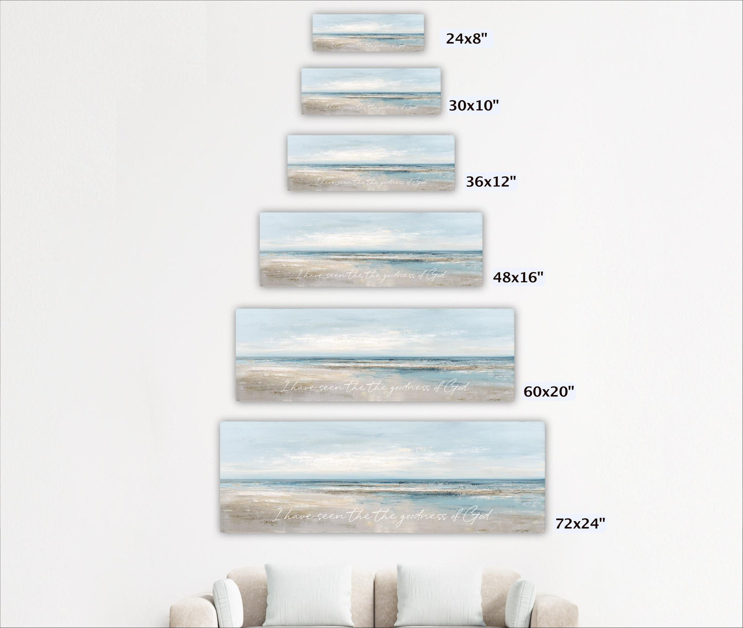A series of five framed landscape paintings depicting various beach scenes, each with a different size ranging from 24" to 72" wide.
