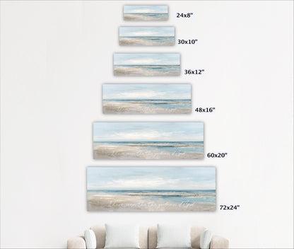 A series of five framed landscape paintings depicting various beach scenes, each with a different size ranging from 24" to 72" wide.