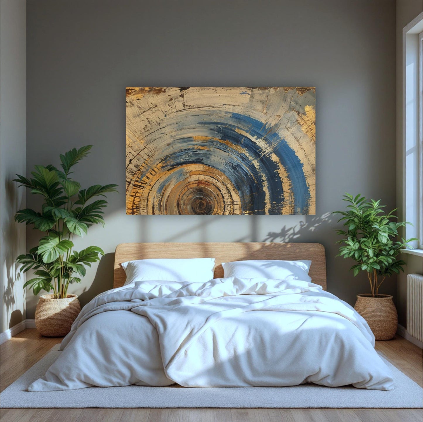 a bedroom with a large painting on the wall