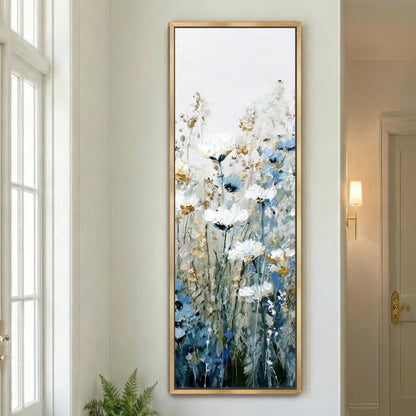 Vertical Botanical Canvas Print, Tall Floral Wall Art, Blue Wildflower Artwork, Framed Nature Decor, Hallway and Entryway Landscape Shipped