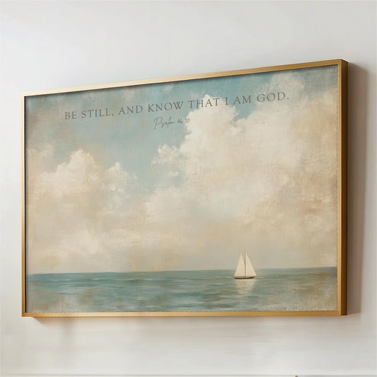 The image is a framed painting depicting a sailboat on the ocean, with a cloudy sky in the background.