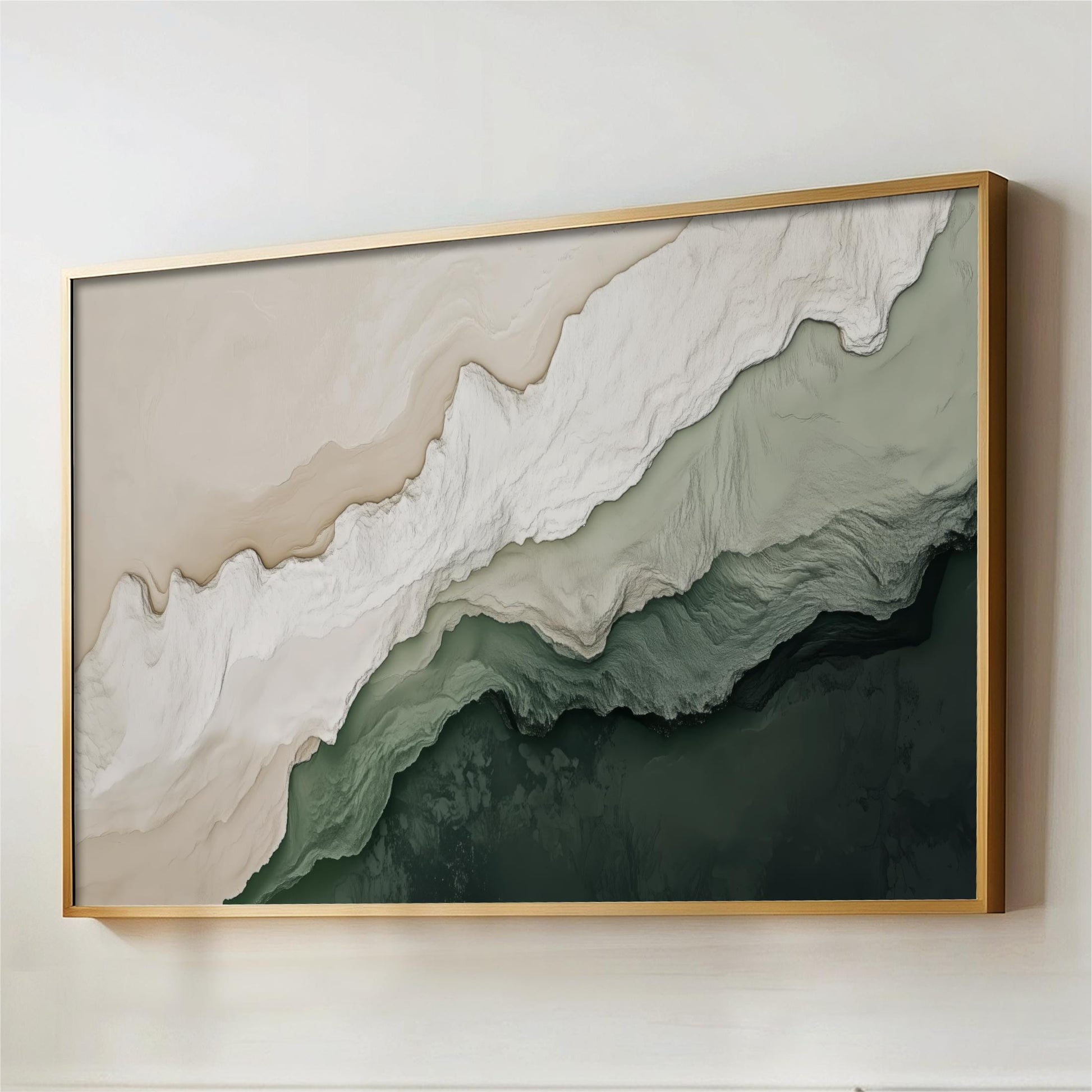 The image is a large framed painting depicting a landscape with a gradient of colors, including shades of green, white, and brown.