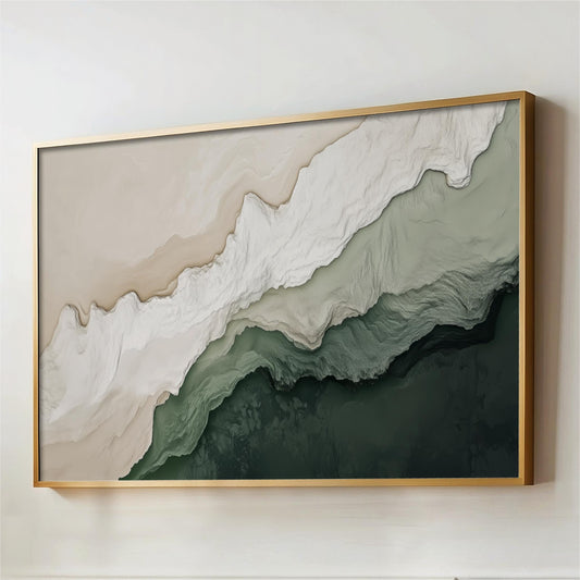 The image is a large framed painting depicting a landscape with a gradient of colors, including shades of green, white, and brown.