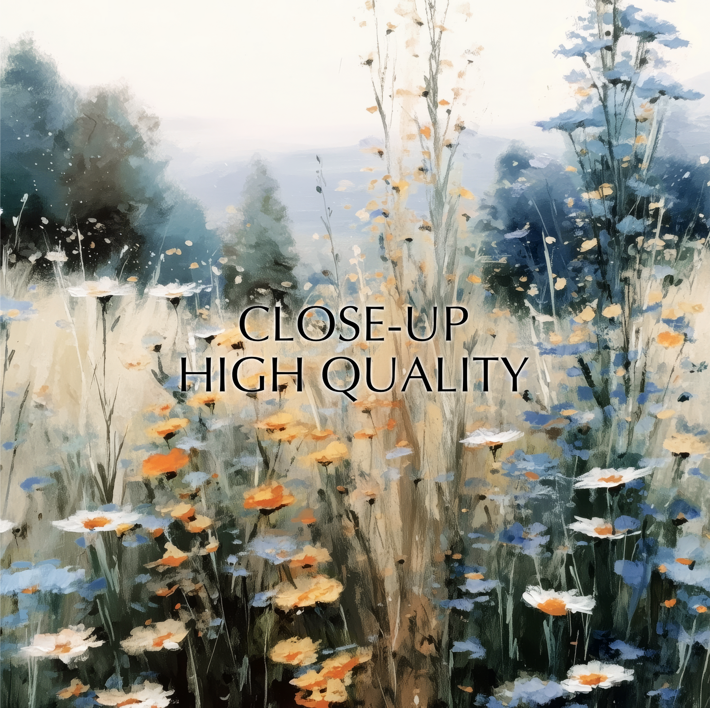 The image is a close-up of a field of flowers with tall grasses, featuring a variety of colors including yellow, orange, and blue.