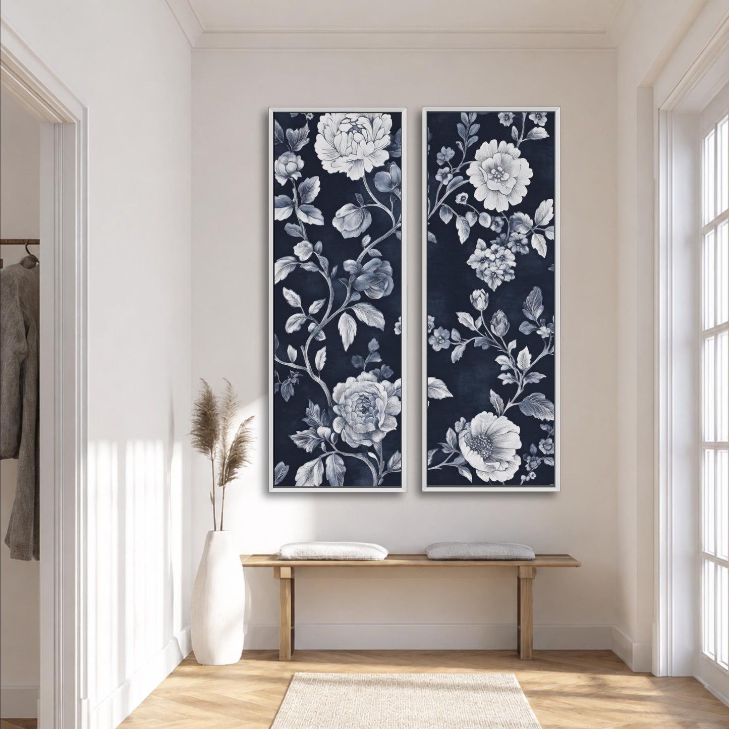 a modern and minimalist interior design with a large floral print on the wall, a wooden bench, and a vase with dried flowers.
