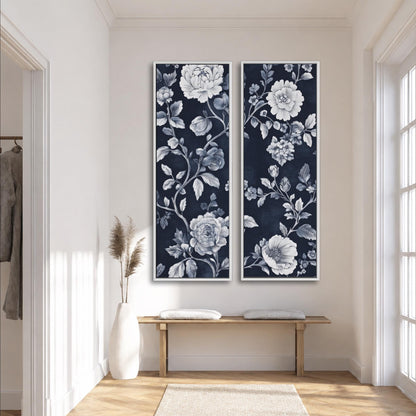 a modern and minimalist interior design with a large floral print on the wall, a wooden bench, and a vase with dried flowers.
