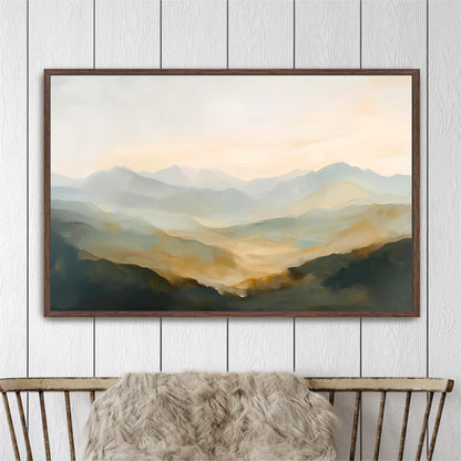 a large landscape painting hanging on a white wall above a wooden chair.