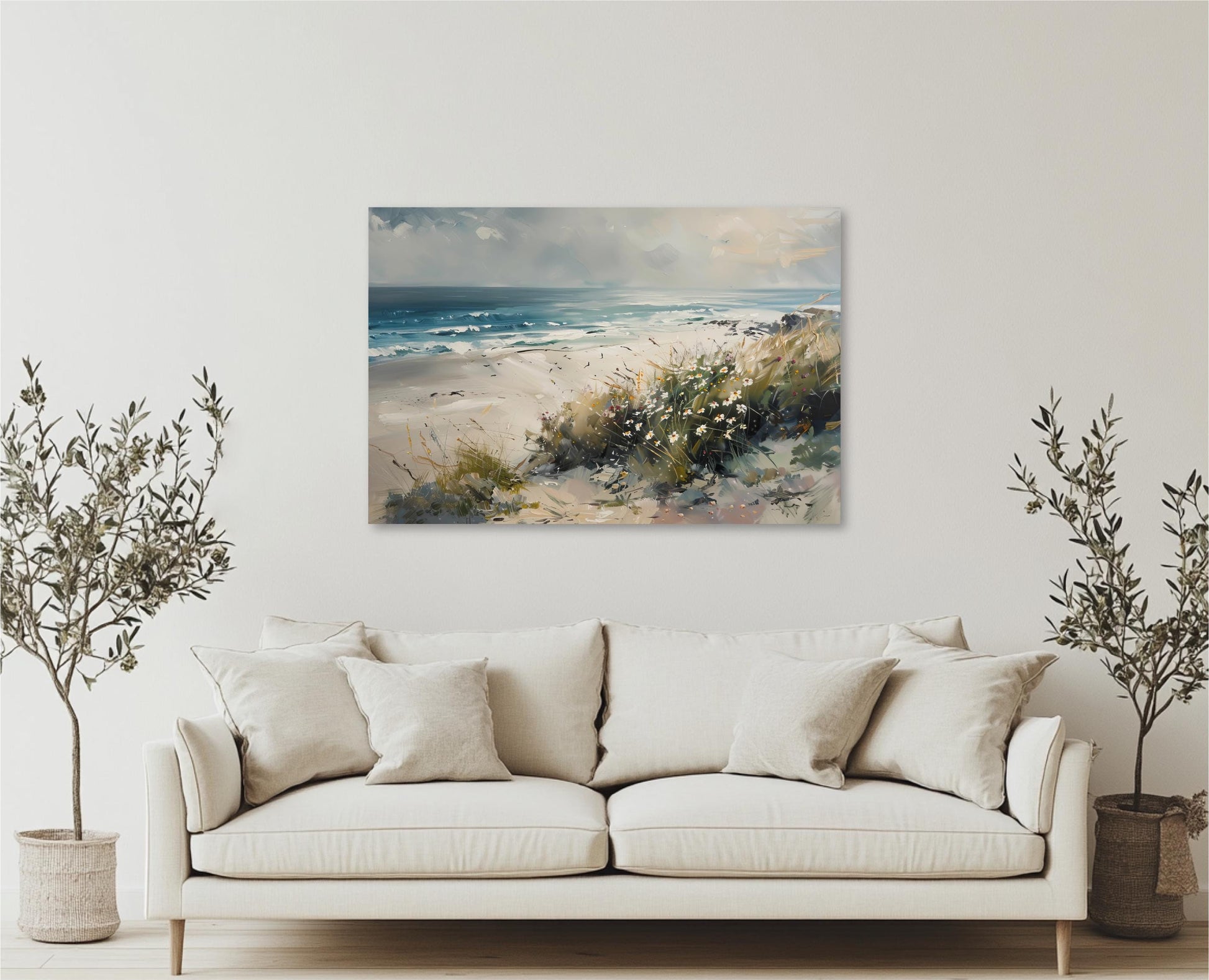a living room with a couch and a painting on the wall