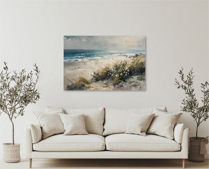 a living room with a couch and a painting on the wall