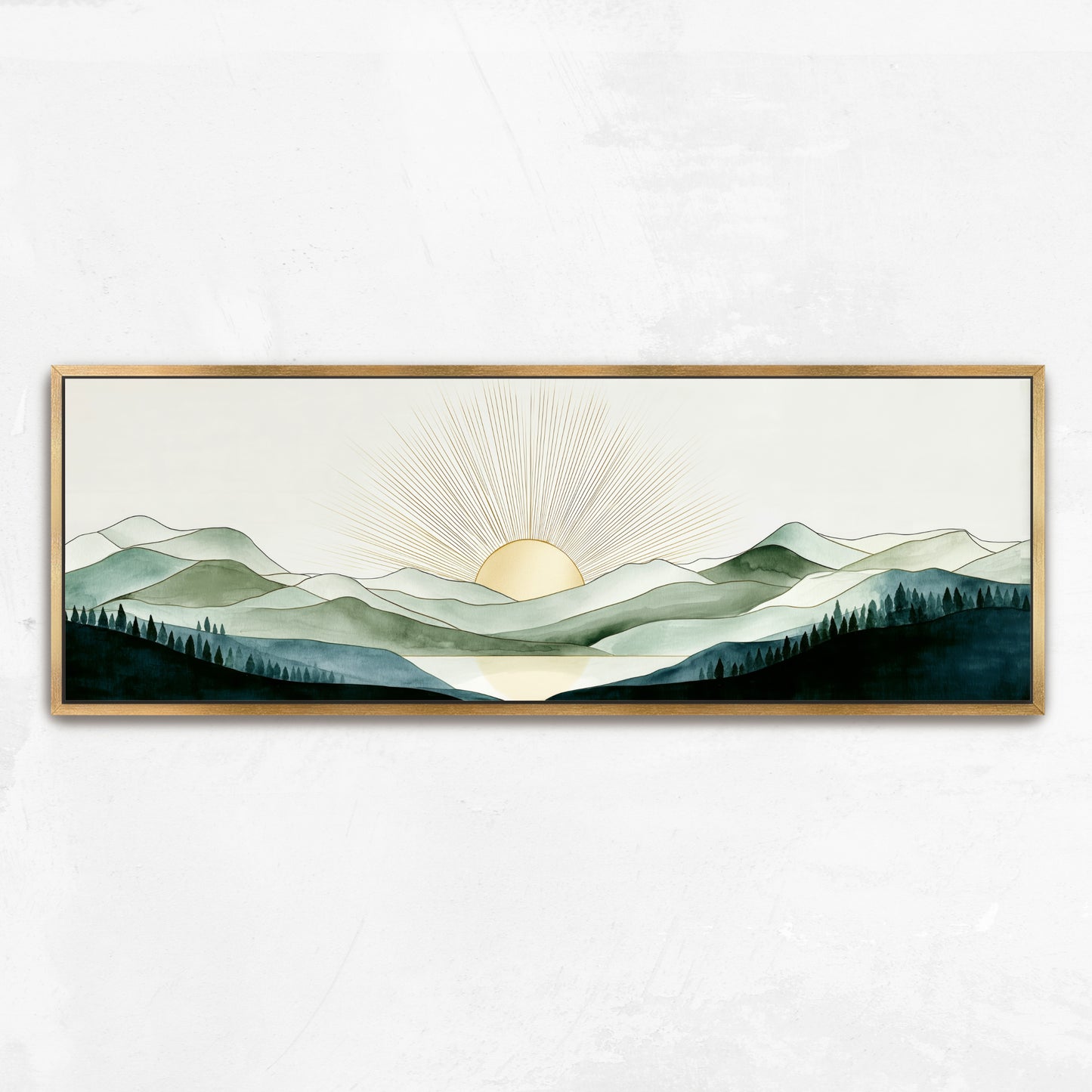 A framed landscape painting depicting a serene mountain scene with a sun rising over the horizon.