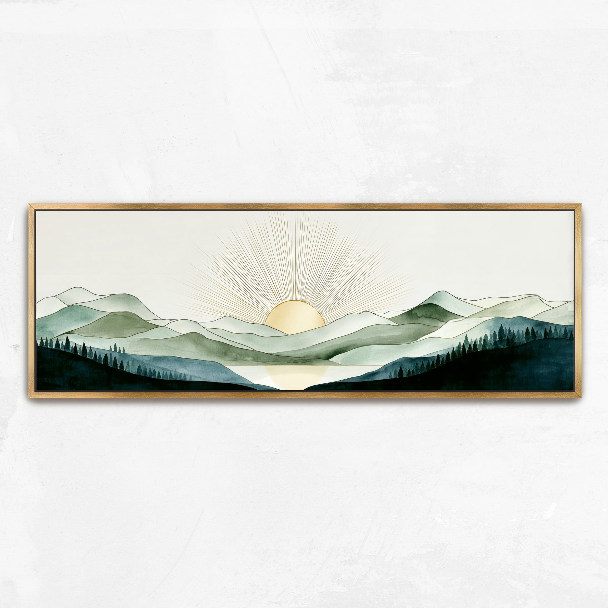 A framed landscape painting depicting a serene mountain scene with a sun rising over the horizon.
