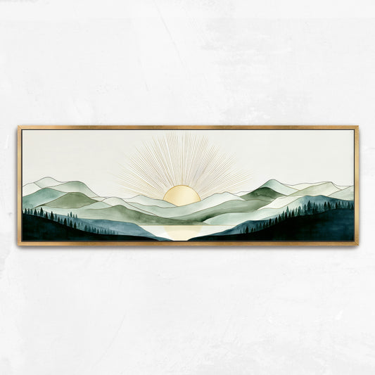 A framed landscape painting depicting a serene mountain scene with a sun rising over the horizon.