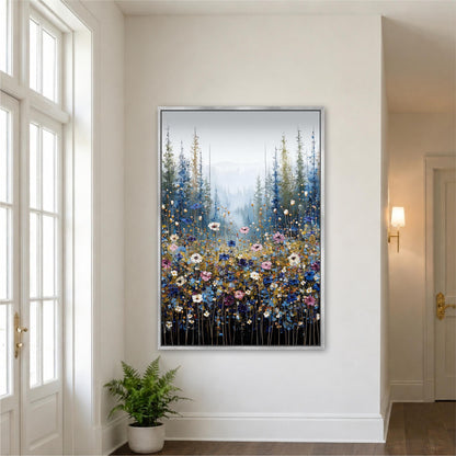 Mountain Wildflower Meadow, Blue Landscape Wall Art, Pine Trees Floral Field Artwork, Vertical Framed Canvas Print