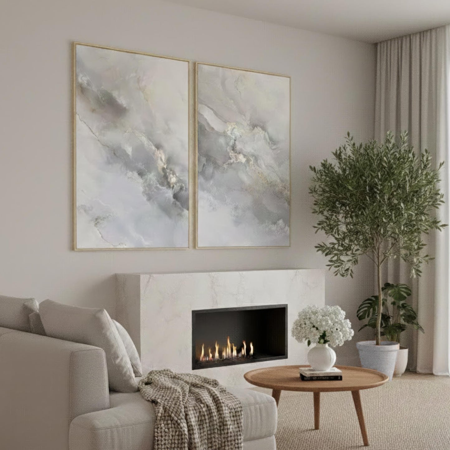 a cozy living room with a fireplace, a comfortable sofa, and a coffee table with a vase of white flowers. The room has a neutral color scheme with gray walls and a white carpet, creating a warm and inviting atmosphere.