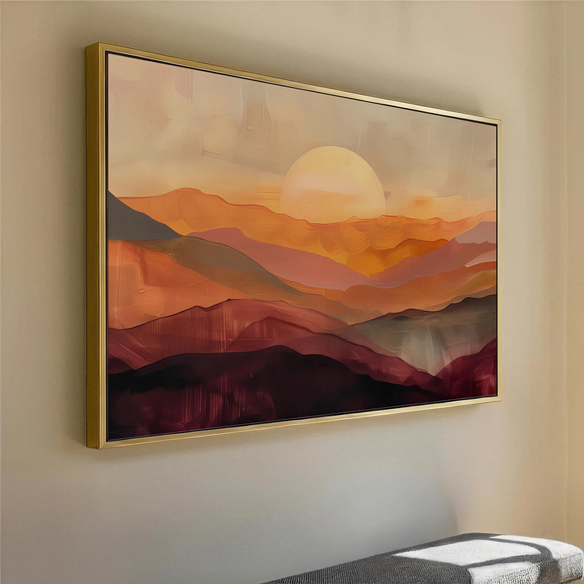 Southwestern Sunset Abstract Mountain Landscape Wall Art, Desert Sun Orange Gray Warm Earth Tone Minimalist Canvas Print, Modern Boho Decor