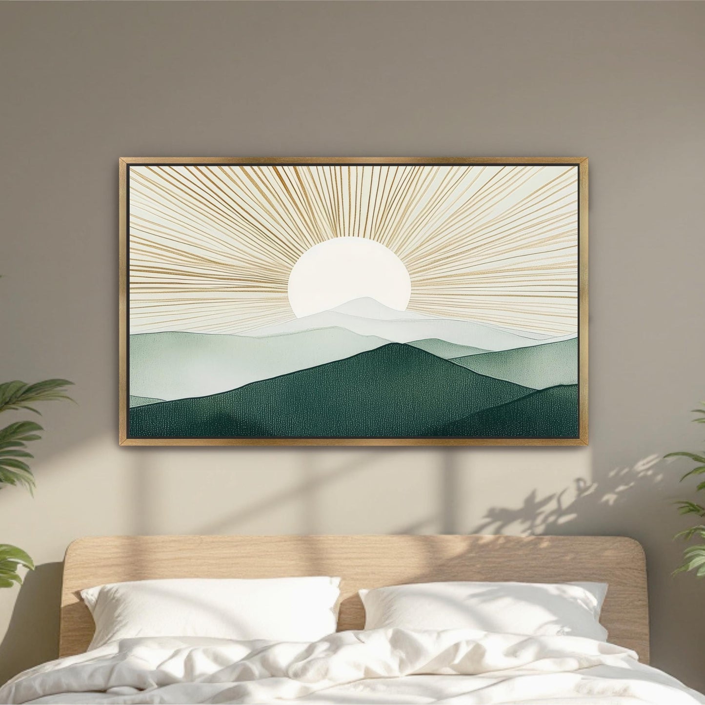 a large framed artwork depicting a serene landscape with a sun rising over a mountain range.