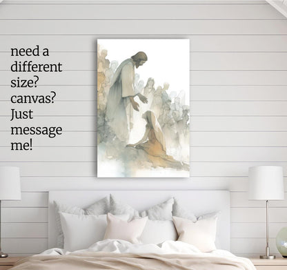a serene bedroom scene with a large bed, white bedding, and a painting of a person kneeling on the bed. The room has white walls and a wooden floor, creating a calm and peaceful atmosphere.