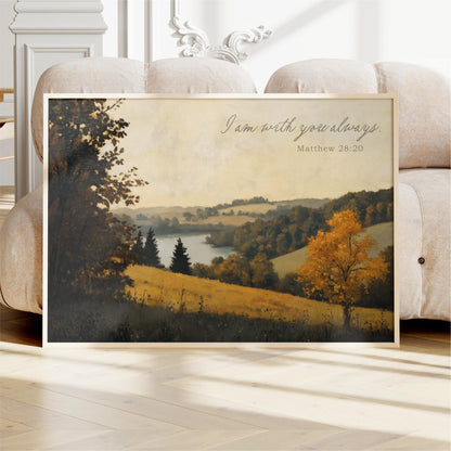 a framed painting of a serene landscape with trees, grass, and a body of water. The painting is displayed on a white couch in a room with a white wall and a decorative molding.