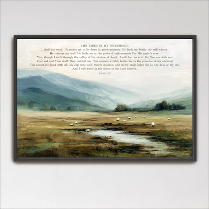 The Lord is my shepherd Psalm 23 framed painting depicting a pastoral scene with a flock of sheep grazing in a valley surrounded by mountains. Scripture, Bible Verse Wall Art