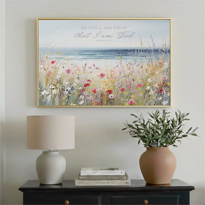 a framed painting of a field of flowers hanging on a wall above a wooden table with a lamp and a potted plant.
