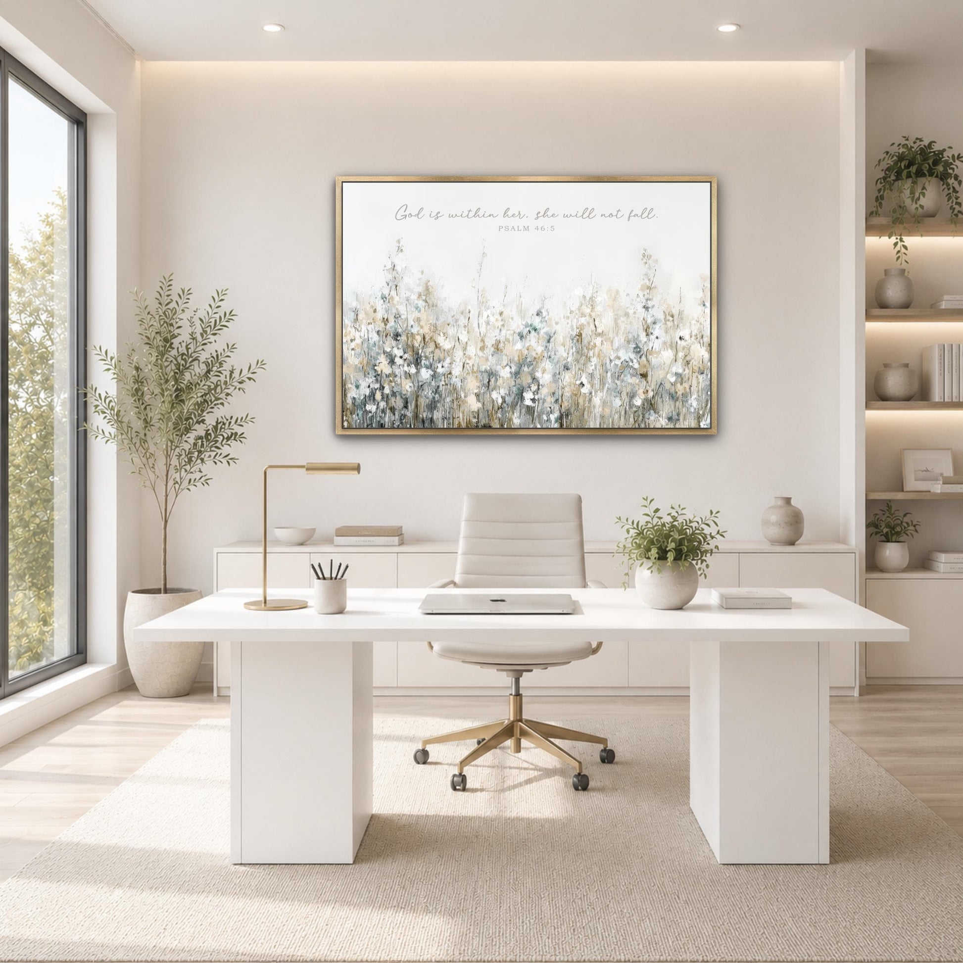 A modern and minimalist office space with a large window, a white desk, a white chair, and a framed artwork depicting a field of flowers.
