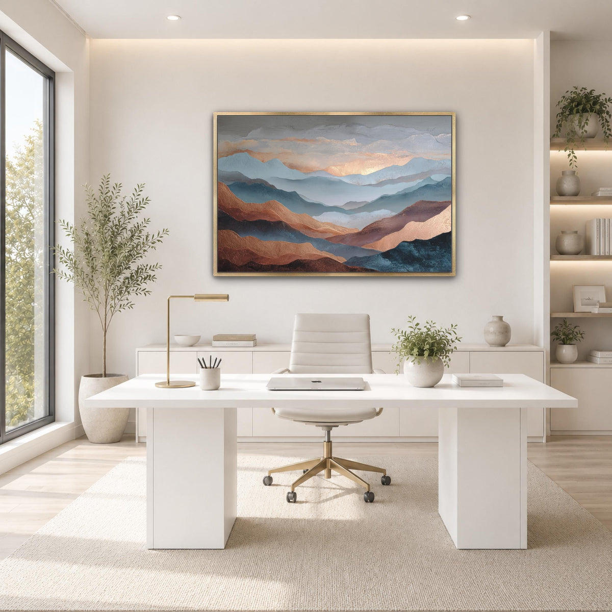 a modern, minimalist office space with a large window, a white desk, a white chair, and a framed landscape painting on the wall.