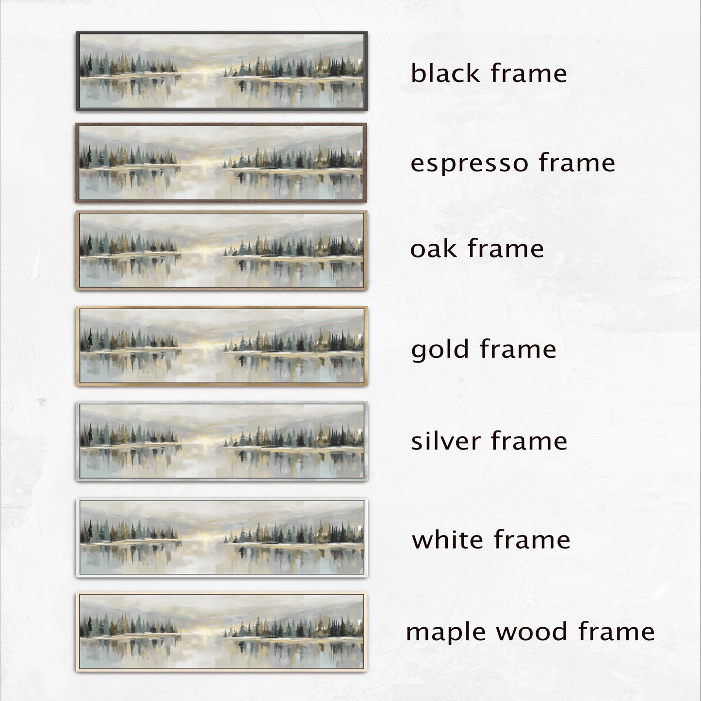 a collection of six framed landscape paintings, each with a different frame color and style. The frames include black, espresso, oak, gold, silver, and white, as well as a maple wood frame. The paintings are arranged in a row, showcasing the variety of frame options available for displaying artwork.