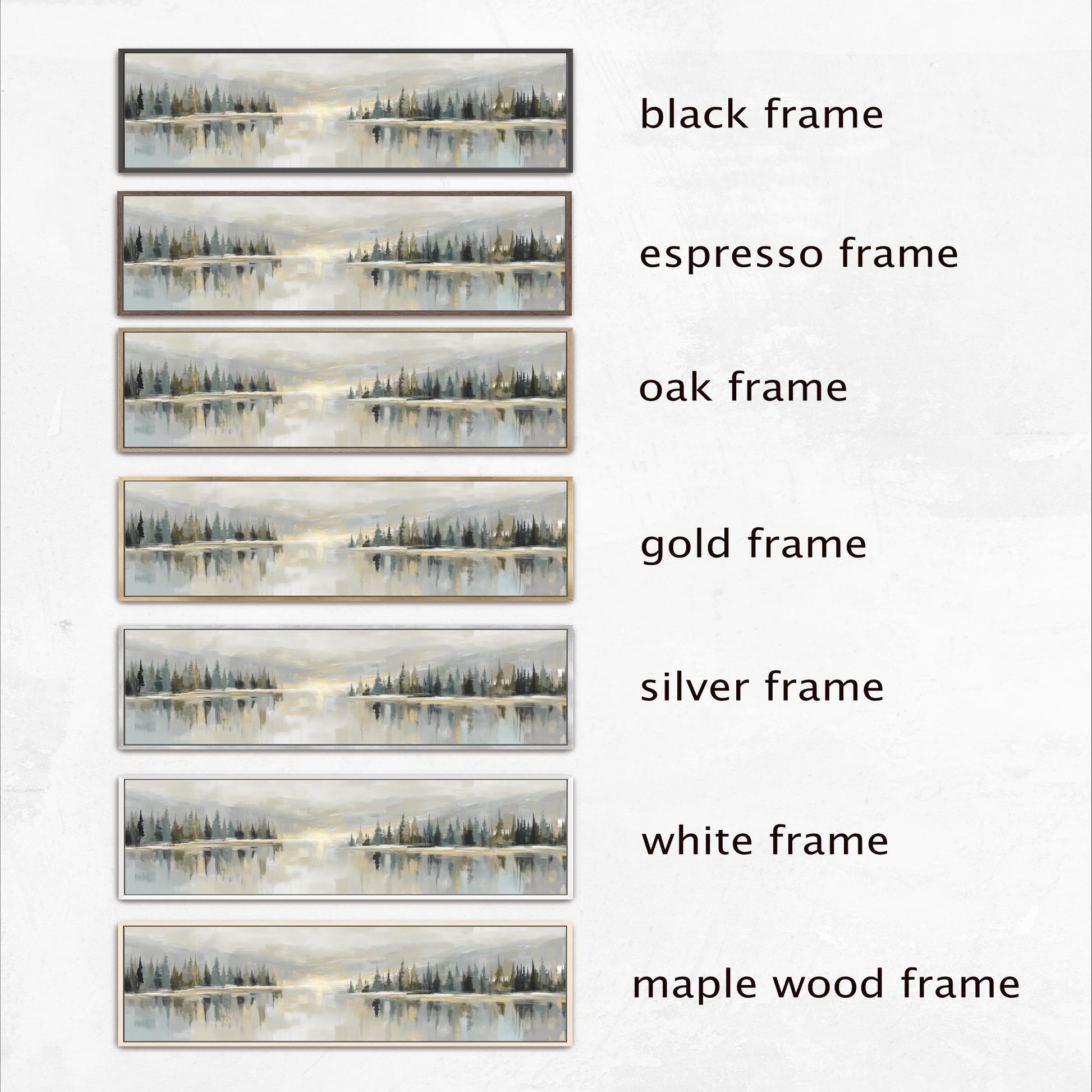 a collection of six framed landscape paintings, each with a different frame color and style. The frames include black, espresso, oak, gold, silver, and white, as well as a maple wood frame. The paintings are arranged in a row, showcasing the variety of frame options available for displaying artwork.