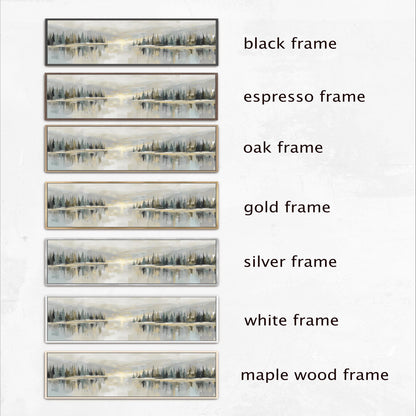 a collection of six framed landscape paintings, each with a different frame color and style. The frames include black, espresso, oak, gold, silver, and white, as well as a maple wood frame. The paintings are arranged in a row, showcasing the variety of frame options available for displaying artwork.