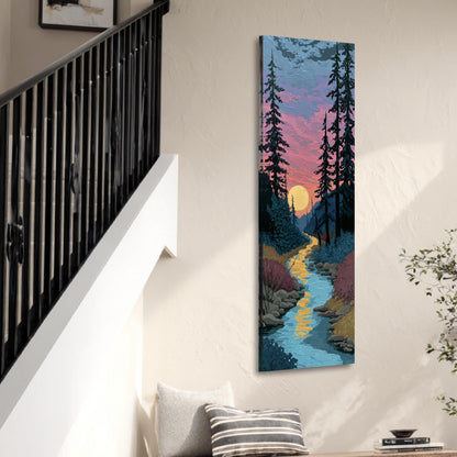 a large vertical painting hanging on a wall, depicting a serene landscape with a winding river and a sunset sky.