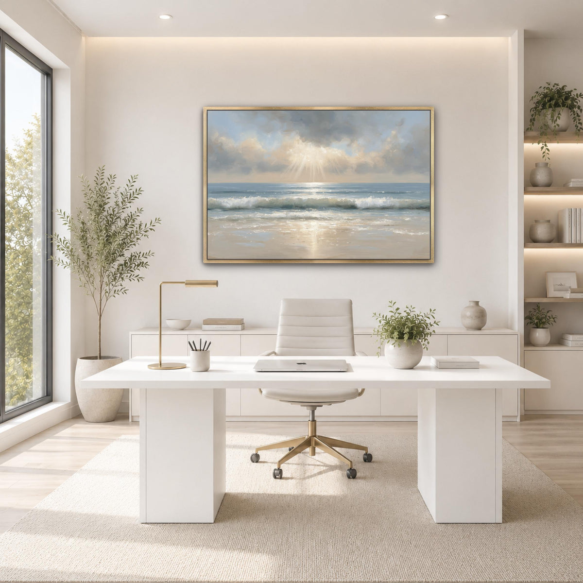 a modern, minimalist office space with a large window overlooking a beach. The office features a white desk with a computer, a comfortable white chair, and a large painting of a beach scene above the desk. The room is decorated with potted plants and other natural elements, creating a serene and calming atmosphere.