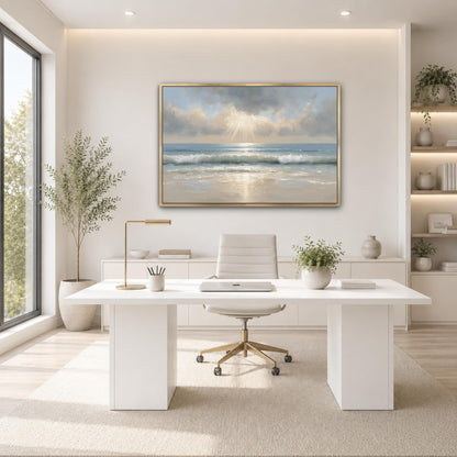a modern, minimalist office space with a large window overlooking a beach. The office features a white desk with a computer, a comfortable white chair, and a large painting of a beach scene above the desk. The room is decorated with potted plants and other natural elements, creating a serene and calming atmosphere.