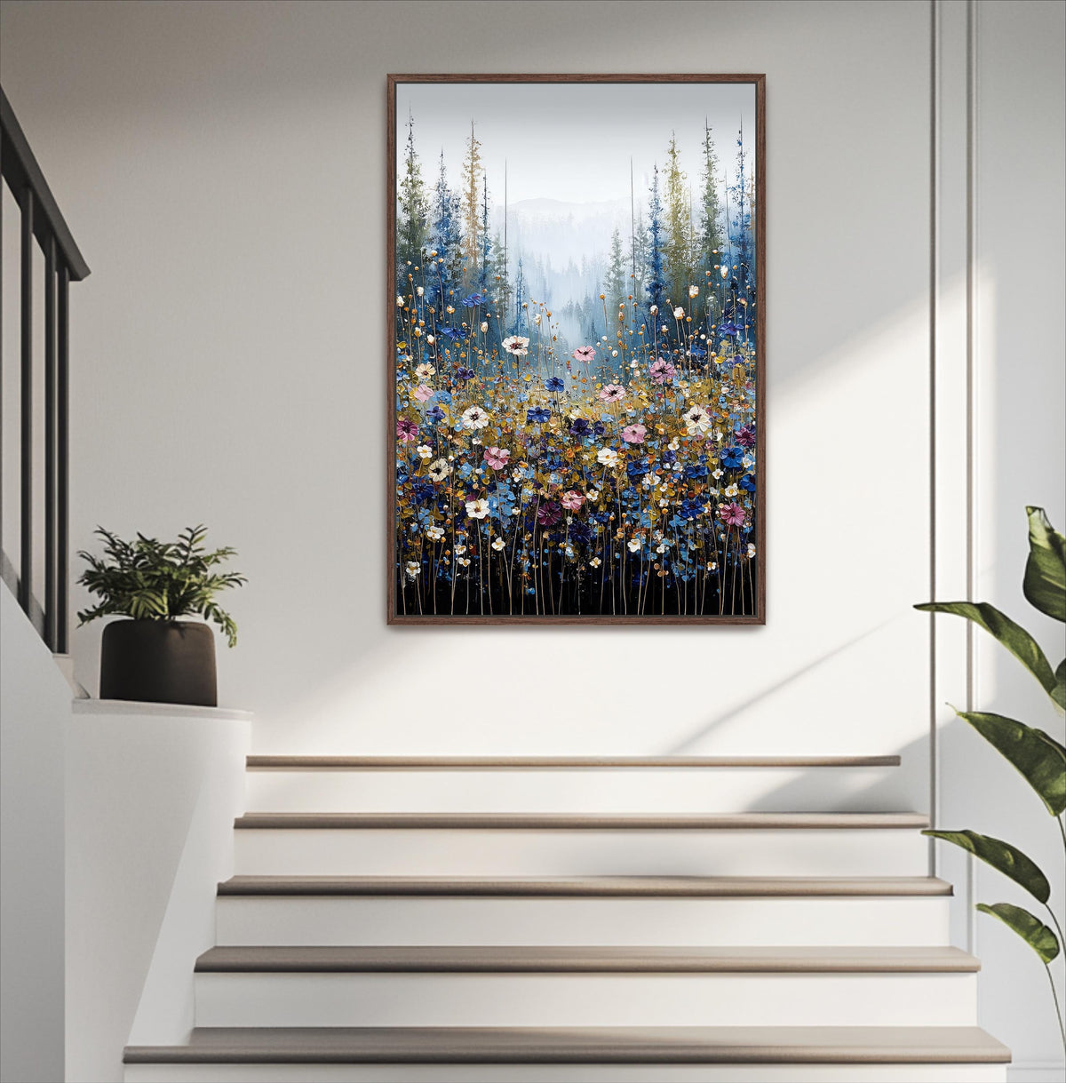 a large framed painting hanging on a white wall above a set of stairs.