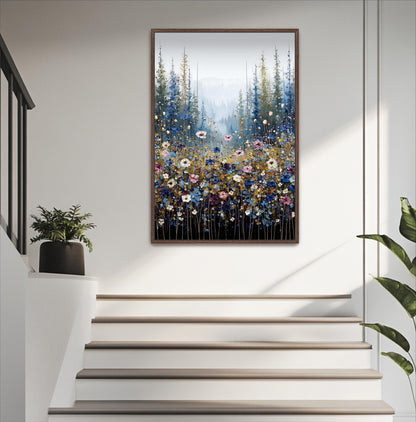 a large framed painting hanging on a white wall above a set of stairs.