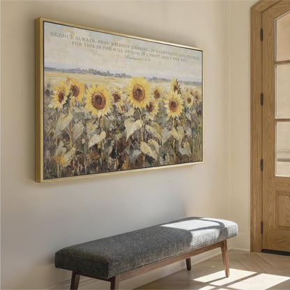 a large painting of a field of sunflowers hanging on a wall, with a bench in front of it.