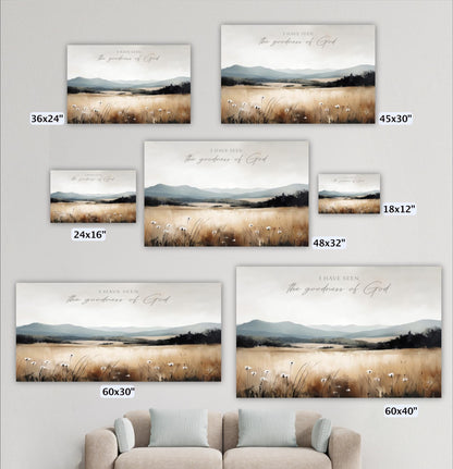a collection of six landscape paintings, each depicting a serene countryside scene with mountains, fields, and a body of water. The paintings vary in size, ranging from 36 inches to 48 inches. The text "I HAVE SEEN the goodness of God" is visible in each painting, suggesting a religious or spiritual theme.
