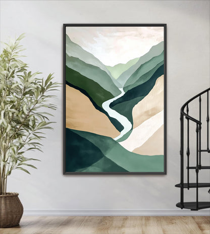 a large abstract painting hanging on a wall, depicting a winding path through a mountainous landscape with various shades of green, brown, and beige.
