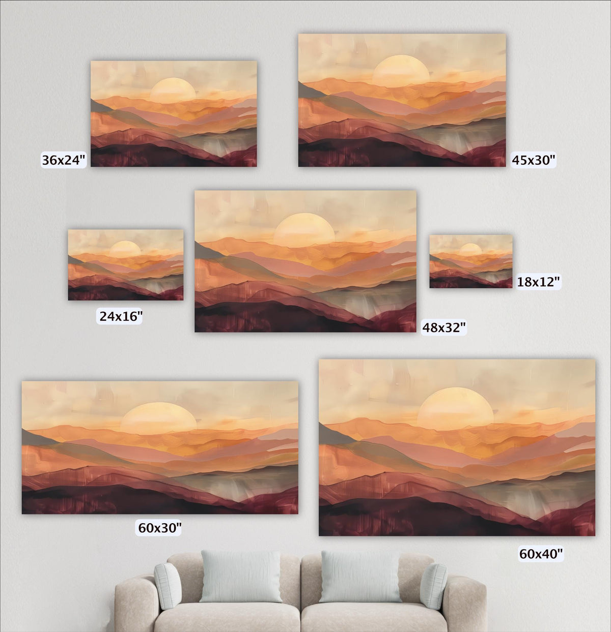 a collection of landscape paintings or photographs depicting mountains and sunsets, each with a different size and frame.